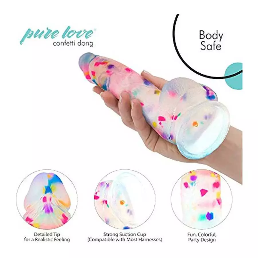 Pure Love 7.5" Confetti Clear Silicone Dildo With Suction Cup, Harness Compatible Adult Sex Toy