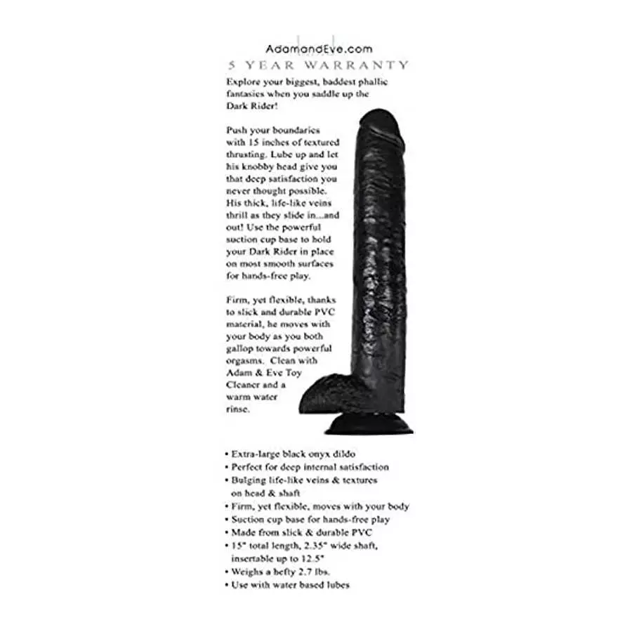 Adam & Eve - 15 Inch Dark Rider - Huge Flexible Thick, Life-Like Veins, Suction Cup Dildo - Black