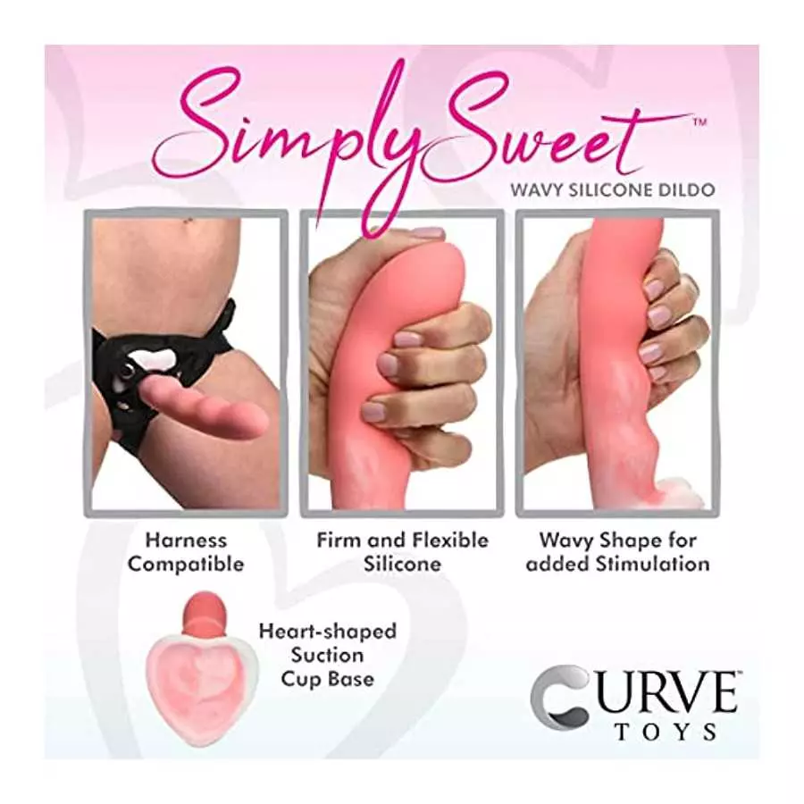 CURVE TOYS Simply Sweet Wavy Silicone Dildo for Men, Women, & Couples. Firm and Flexible Strong Suction Base. 1 Piece, Pink.