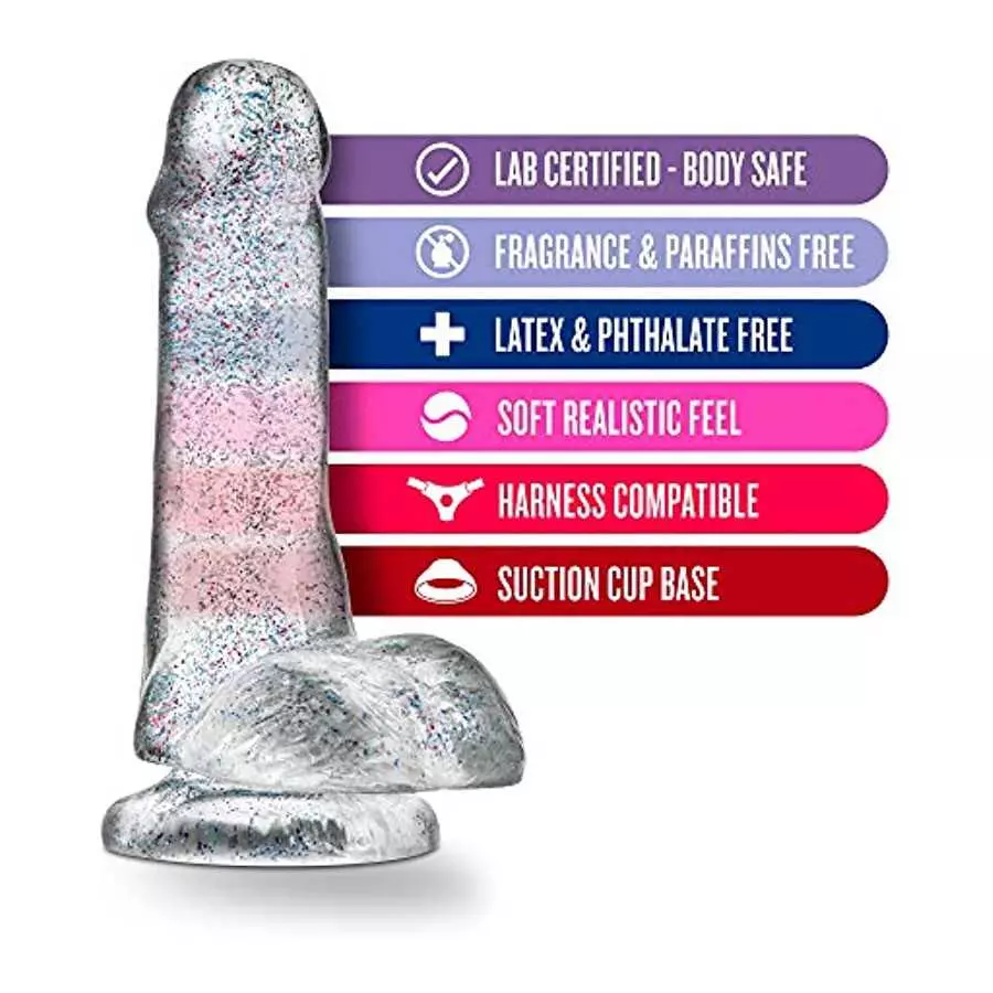 Blush - 6 inch Glitter Dildo - Soft Pliable Realistic Small 1.4" Wide - Strap On Compatible Suction Cup for Hands Free Play - Fe