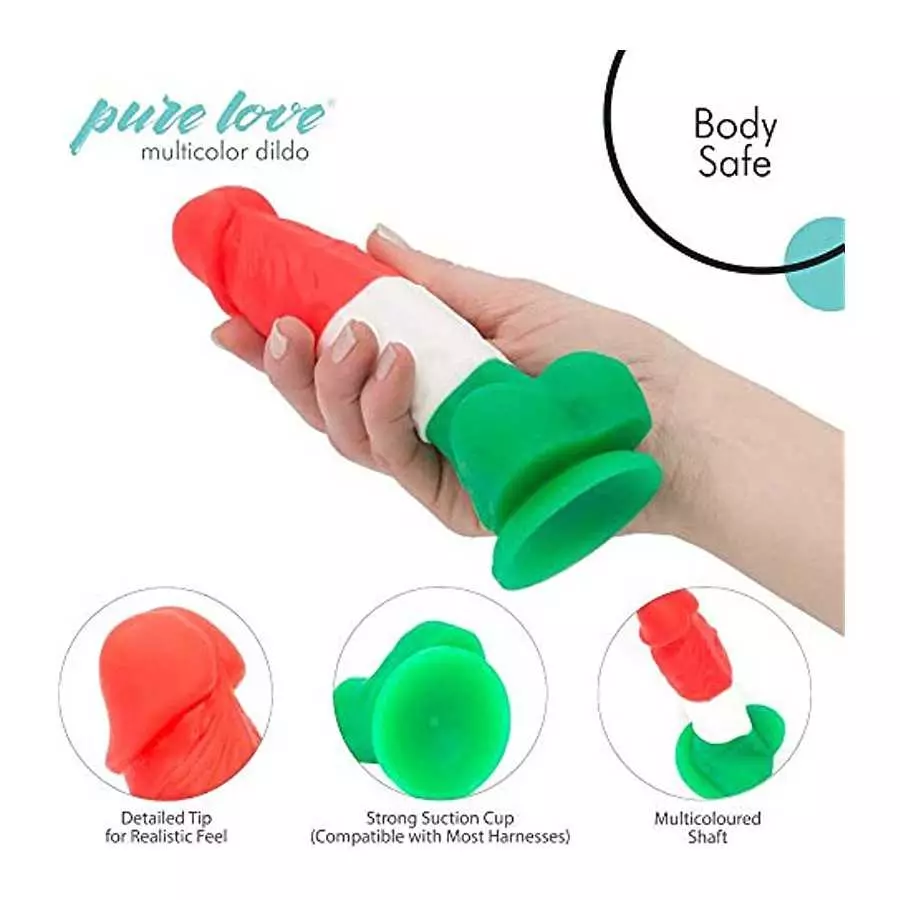 Pure Love 7 inch Multicolored Silicone Dildo with Suction Cup, Harness Compatible, Adult Sex Toy, Multicoloured