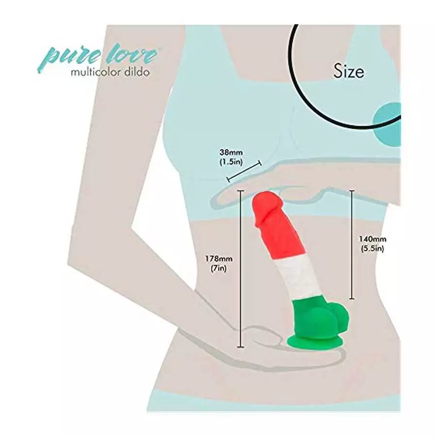 Pure Love 7 inch Multicolored Silicone Dildo with Suction Cup, Harness Compatible, Adult Sex Toy, Multicoloured