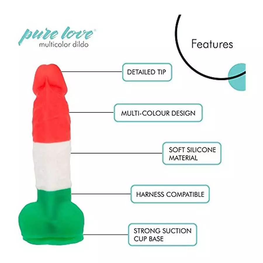Pure Love 7 inch Multicolored Silicone Dildo with Suction Cup, Harness Compatible, Adult Sex Toy, Multicoloured