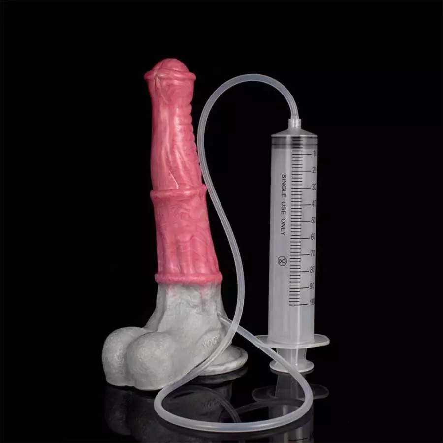 Multi Color Silicone Made Suction Squirting Artificial Horse Dildo Silicone Dildo with Bulb and Syringe Hands Free (Pink+Grey)