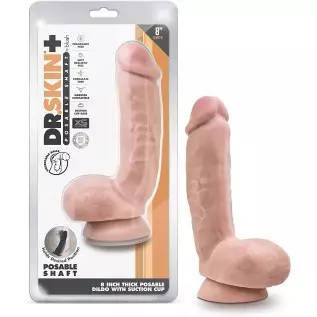 Dr. Skin Plus - 8 Inch Realistic Posable Dildo with Squeezable Balls - Suction Cup Base for Hands Free Play and Harness Compatib