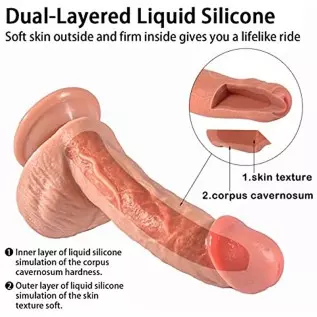Realistic Dildo,Dual Layer Liquid Silcone Dildo with Strong Suction Cup Dong for Hands-Free Play,Flexibe Lifelike Penis with Cur
