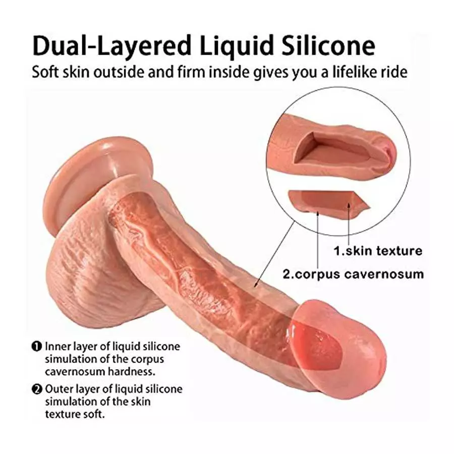 Realistic Dildo,Dual Layer Liquid Silcone Dildo with Strong Suction Cup Dong for Hands-Free Play,Flexibe Lifelike Penis with Cur