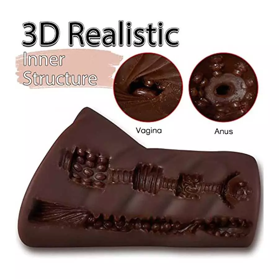 2 in 1 Brown Realistic Male Masturbator with Strong Suction,Single Opening Lifelike Pocket Pussy Toy with 3D Vagina and Anus,Goy
