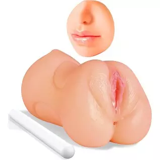 3 in 1 Male Masturbator Realistic Pocket Pussy with Drying Stick, Mansbatee Double-Ended Male Sex Toy Mouth Tongue Textured Vagi