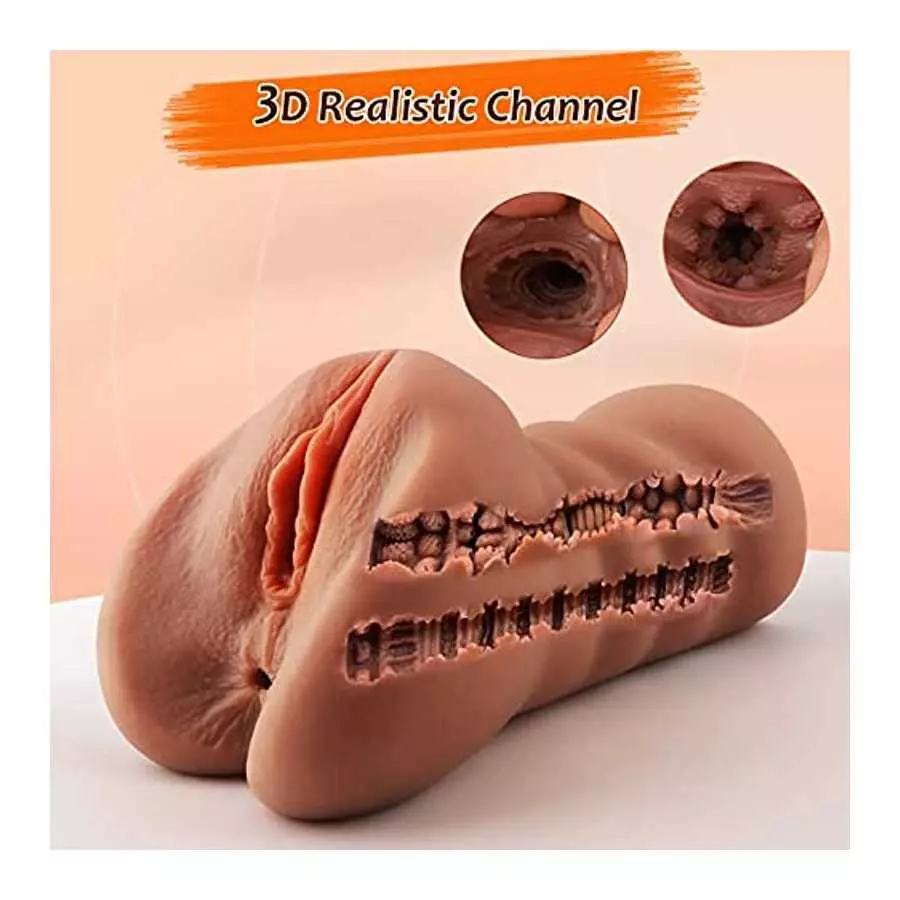 2 in 1 Male Masturbator, Upgraded Pocket Pussy Male Masturbator Toy with 3D Realistic Vagina Texture and Tight Anus, Brown-Skin