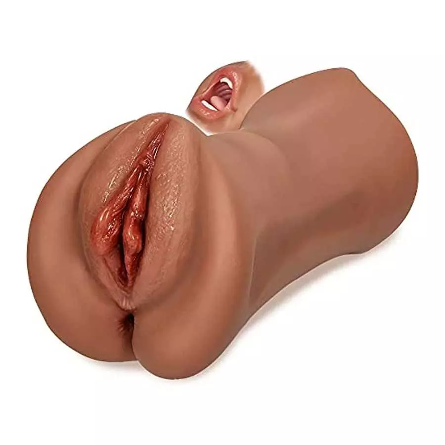 Goyha 3 in 1 Male Masturbators, Realistic Pocket Pussy with Thick Labia Tight Anus and Vivid Face, Double-Ended Brown Skin Male