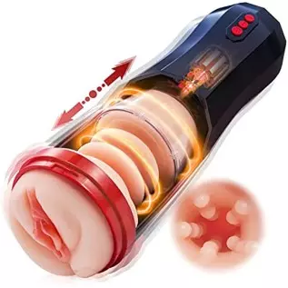 3 in 1 Thrusting Male Masturbators Cup with Realistic Pocket Pussy, 5 Telescopic 10 Vibrations Mode & 360°Full Wrapping Blowjob