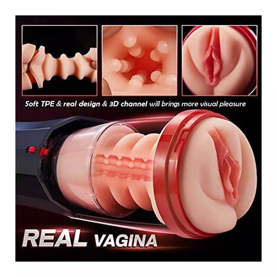 3 in 1 Thrusting Male Masturbators Cup with Realistic Pocket Pussy, 5 Telescopic 10 Vibrations Mode & 360°Full Wrapping Blowjob