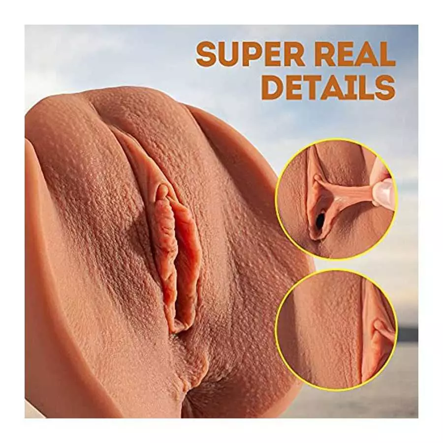 Realistic Pocket Pussy Male Masturbator Toy with 3D Tight Vagina,Brown-Skin Pussy masturbator with Real Vulva and Clitoris,Porta