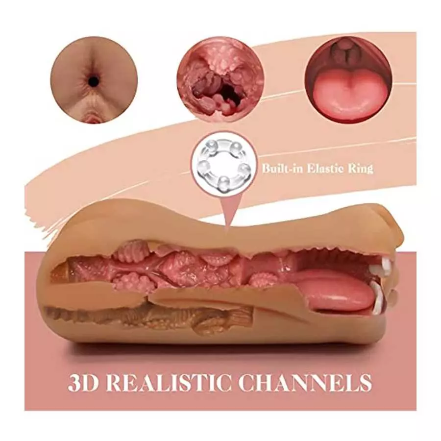 Realistic Pocket Pussy Male Masturbator, 3 in 1 Sex Doll with Lifelike Vagina, Tight Anus and Face, Male Sex Toys Dual Channel D