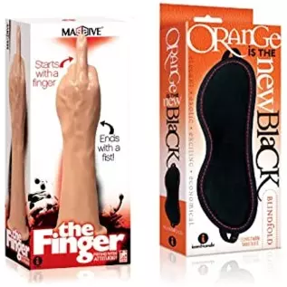 Sexy Gift Set of Massive The Finger Fister Dildo and Icon Brands Orange is The New Black, Blindfold