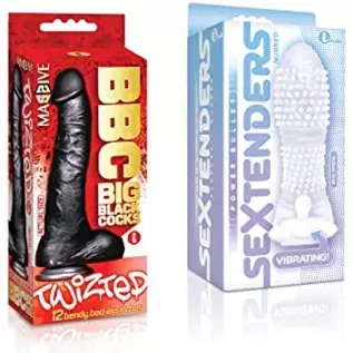 Sexy Gift Set Bundle of Big Black Cock Twizted 11 Inch Dildo and Icon Brands Vibrating Sextenders, Nubbed