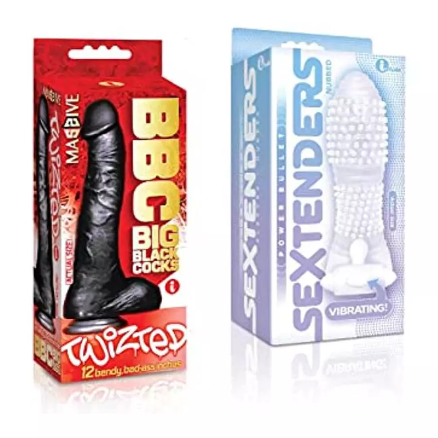 Sexy Gift Set Bundle of Big Black Cock Twizted 11 Inch Dildo and Icon Brands Vibrating Sextenders, Nubbed