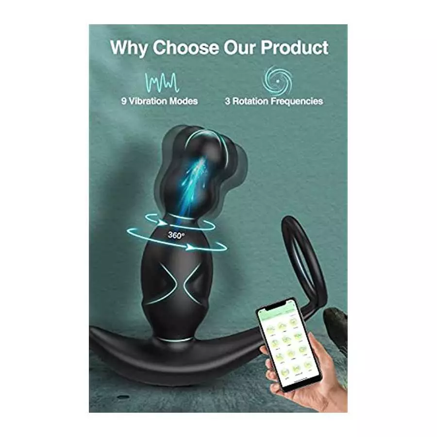 Anal Plug Vibrator, Sex Toys Prostate Massager with 3 Rotating & 9 Vibrating Butt Plug, Prostate Stimulor Toys with Cock Ring, W