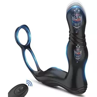 3 in 1 Anal Toy Prostate Massager Vibrator with Dual Penis Ring, 3 Thrusting Speeds and 10 Vibration Modes, Silicone Butt Plug R
