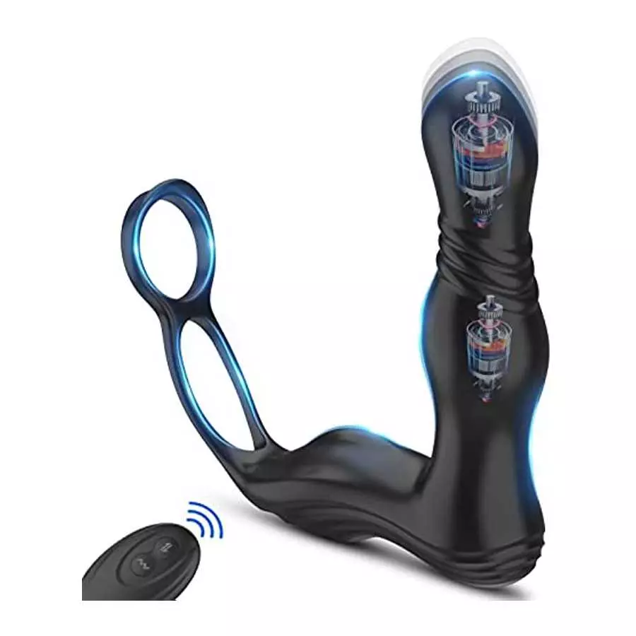 3 in 1 Anal Toy Prostate Massager Vibrator with Dual Penis Ring, 3 Thrusting Speeds and 10 Vibration Modes, Silicone Butt Plug R 3 in 1 Anal Toy Prostate Massager Vibrator with Dual Penis Ring, 3 Thrusting Speeds and 10 Vibration Modes, Silicone Butt Plug R