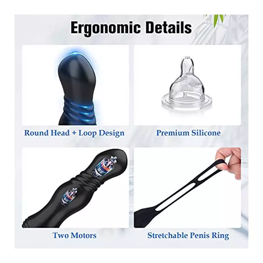 3 in 1 Anal Toy Prostate Massager Vibrator with Dual Penis Ring, 3 Thrusting Speeds and 10 Vibration Modes, Silicone Butt Plug R