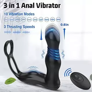 3 in 1 Anal Toy Prostate Massager Vibrator with Dual Penis Ring, 3 Thrusting Speeds and 10 Vibration Modes, Silicone Butt Plug R