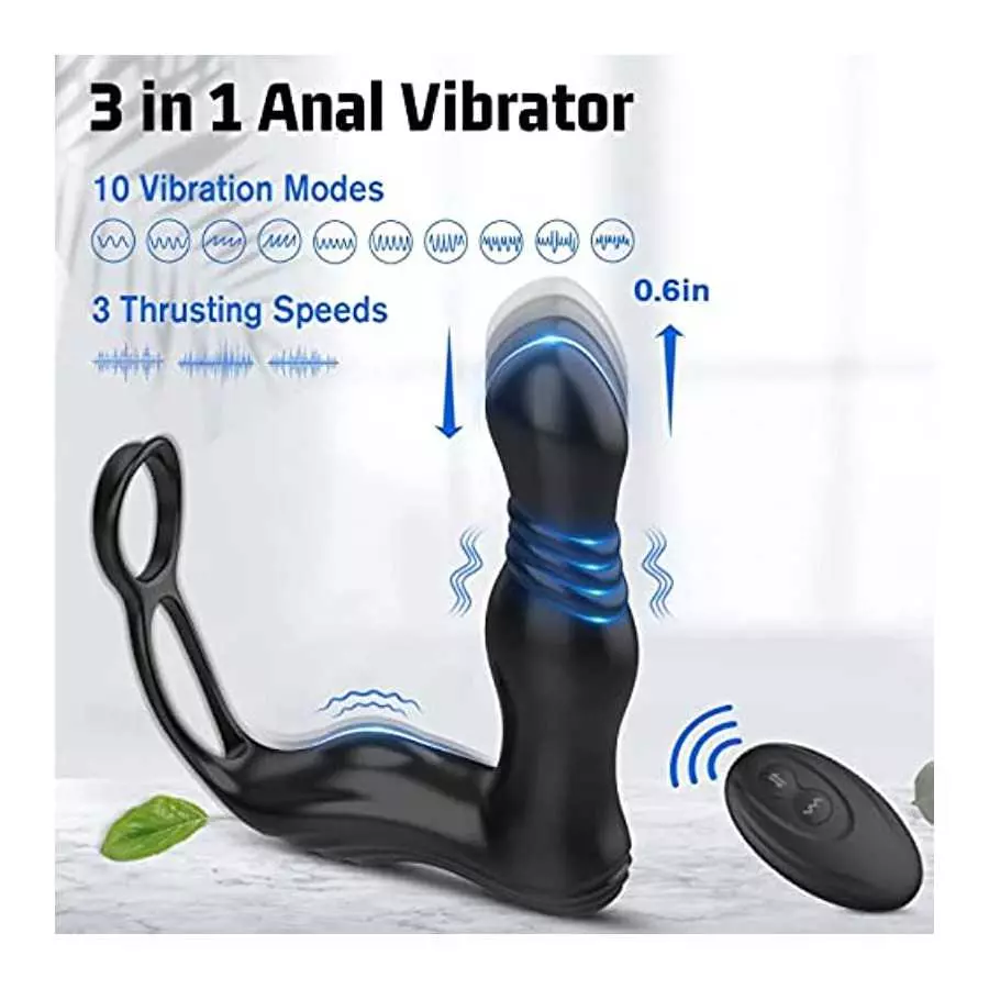 3 in 1 Anal Toy Prostate Massager Vibrator with Dual Penis Ring, 3 Thrusting Speeds and 10 Vibration Modes, Silicone Butt Plug R