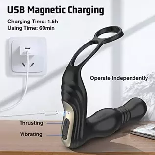 3 in 1 Anal Toy Prostate Massager Vibrator with Dual Penis Ring, 3 Thrusting Speeds and 10 Vibration Modes, Silicone Butt Plug R