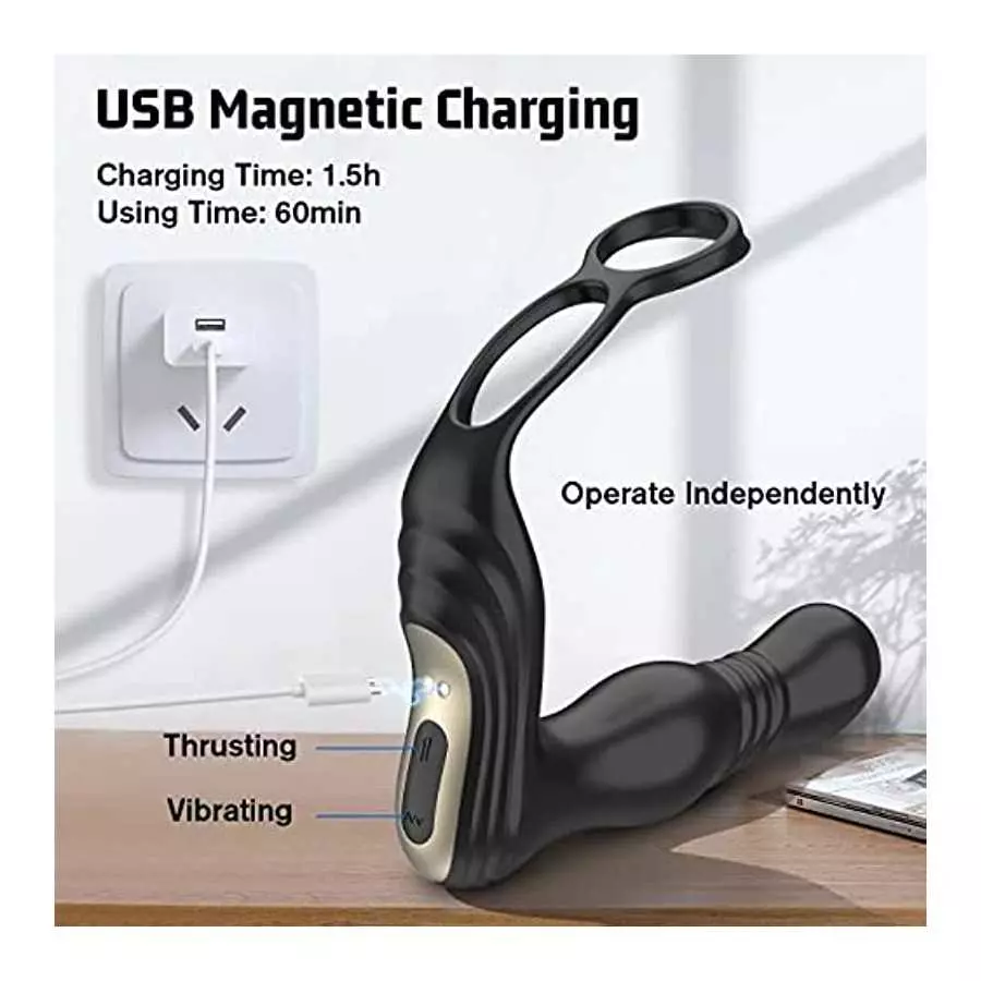 3 in 1 Anal Toy Prostate Massager Vibrator with Dual Penis Ring, 3 Thrusting Speeds and 10 Vibration Modes, Silicone Butt Plug R