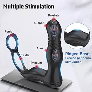 3 in 1 Anal Toy Prostate Massager Vibrator with Dual Penis Ring, 3 Thrusting Speeds and 10 Vibration Modes, Silicone Butt Plug R