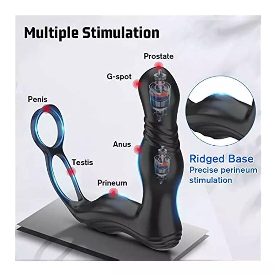 3 in 1 Anal Toy Prostate Massager Vibrator with Dual Penis Ring, 3 Thrusting Speeds and 10 Vibration Modes, Silicone Butt Plug R