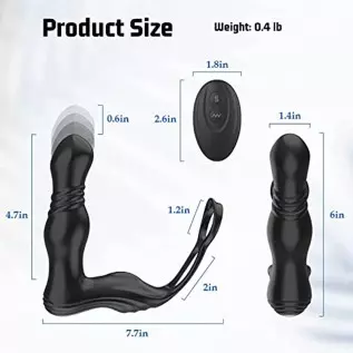 3 in 1 Anal Toy Prostate Massager Vibrator with Dual Penis Ring, 3 Thrusting Speeds and 10 Vibration Modes, Silicone Butt Plug R
