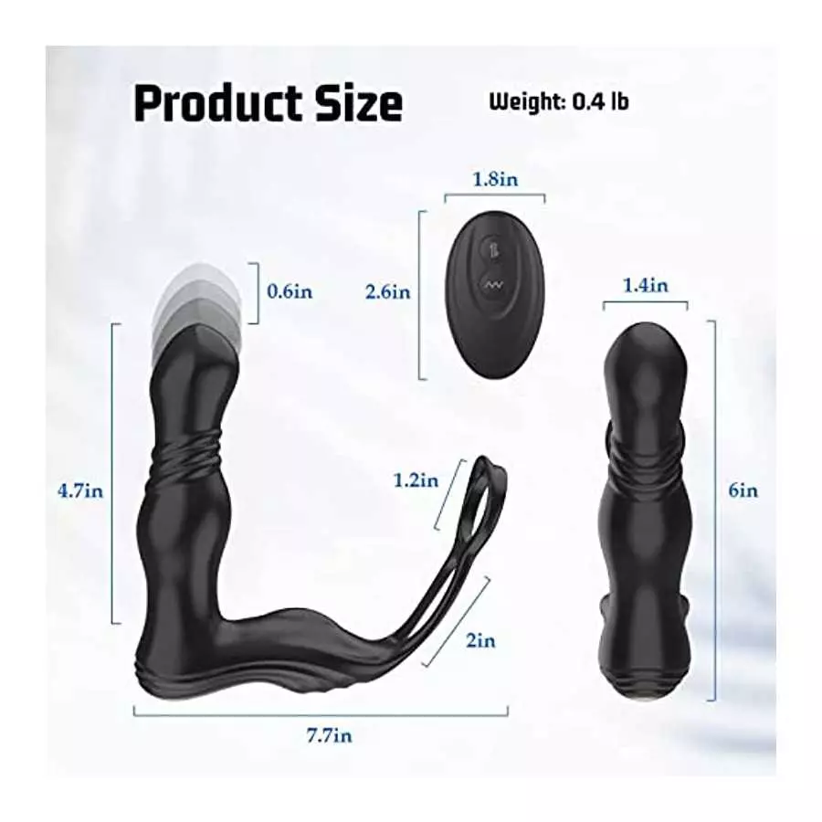 3 in 1 Anal Toy Prostate Massager Vibrator with Dual Penis Ring, 3 Thrusting Speeds and 10 Vibration Modes, Silicone Butt Plug R