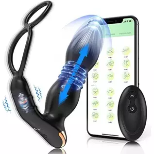 Thrusting Anal Vibrator Prostate Massager with Penis Ring- Vibrating Dildo Anal Toy Butt Plug with 9 Thrust & Vibration Modes, A