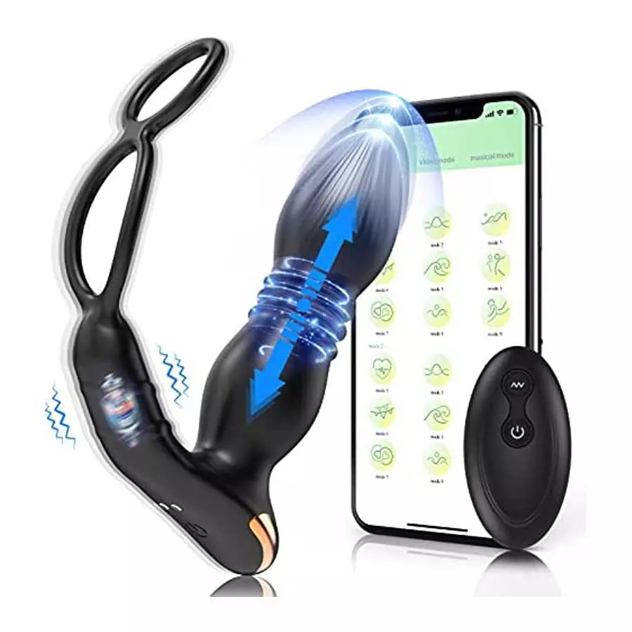 Thrusting Anal Vibrator Prostate Massager with Penis Ring- Vibrating Dildo Anal Toy Butt Plug with 9 Thrust & Vibration Modes, A Thrusting Anal Vibrator Prostate Massager with Penis Ring- Vibrating Dildo Anal Toy Butt Plug with 9 Thrust & Vibration Modes, A