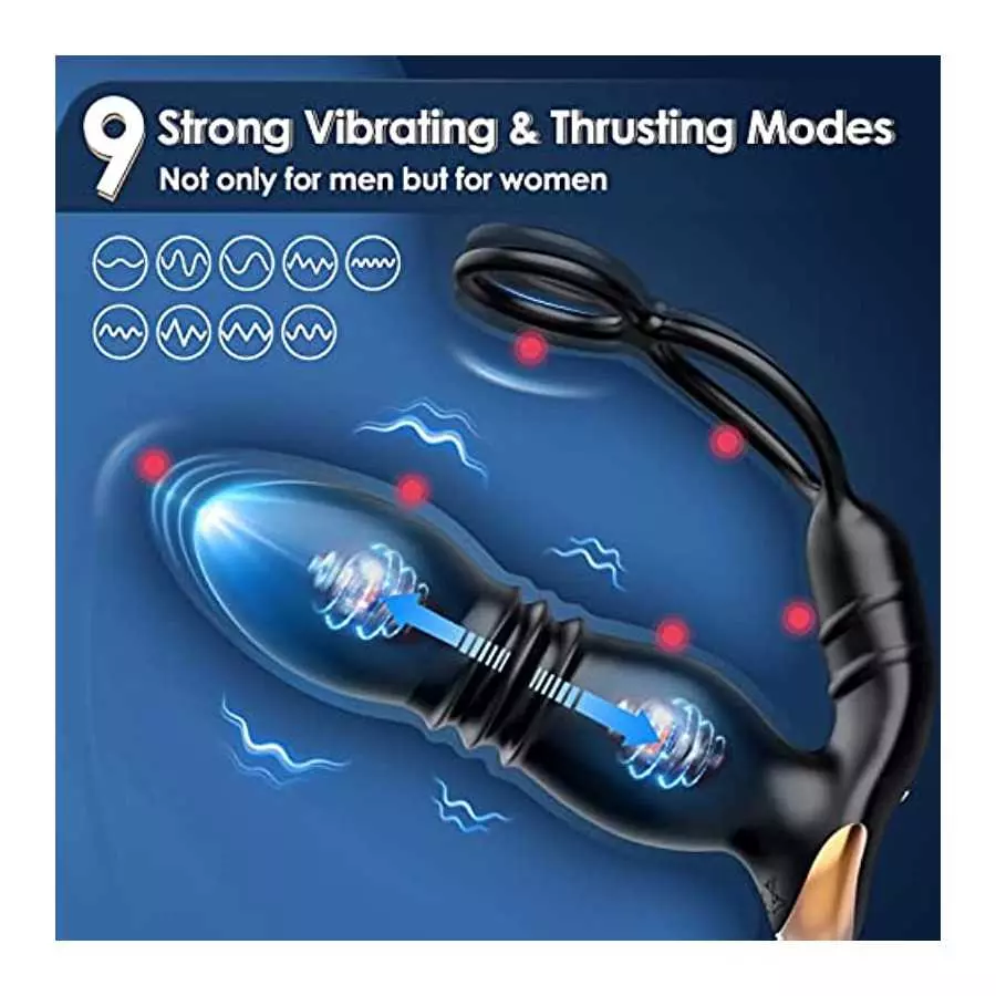 Thrusting Anal Vibrator Prostate Massager with Penis Ring- Vibrating Dildo Anal Toy Butt Plug with 9 Thrust & Vibration Modes, A