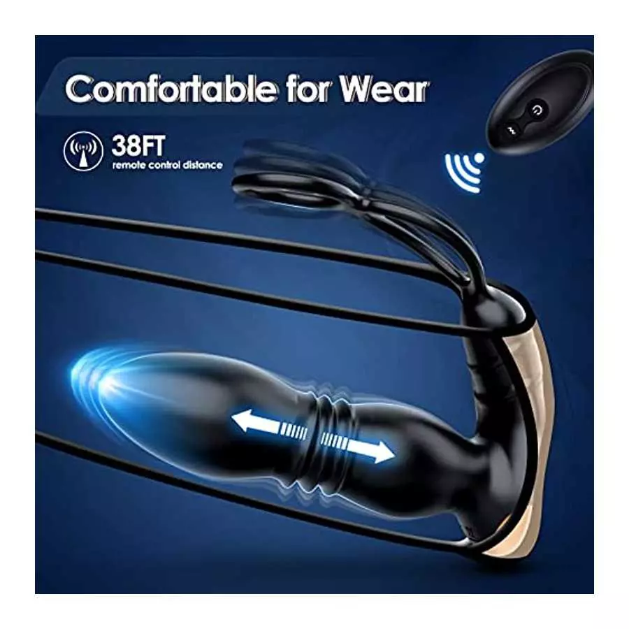 Thrusting Anal Vibrator Prostate Massager with Penis Ring- Vibrating Dildo Anal Toy Butt Plug with 9 Thrust & Vibration Modes, A