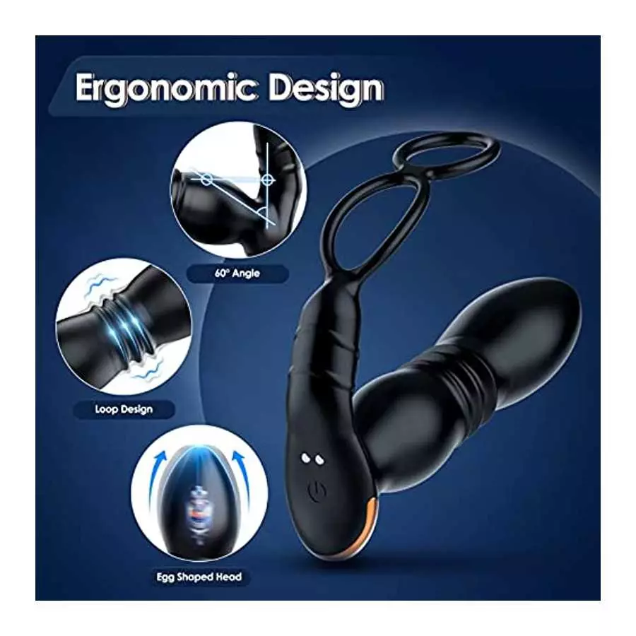 Thrusting Anal Vibrator Prostate Massager with Penis Ring- Vibrating Dildo Anal Toy Butt Plug with 9 Thrust & Vibration Modes, A