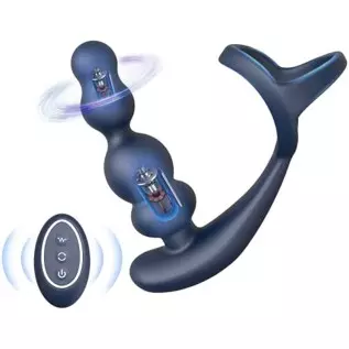 Three 360°Rotating&10 Vibrating Anal Plug,Dual Motor Prostate Massager Anal Vibrator with Soft Cock Ring for Men Women,Wearable 
