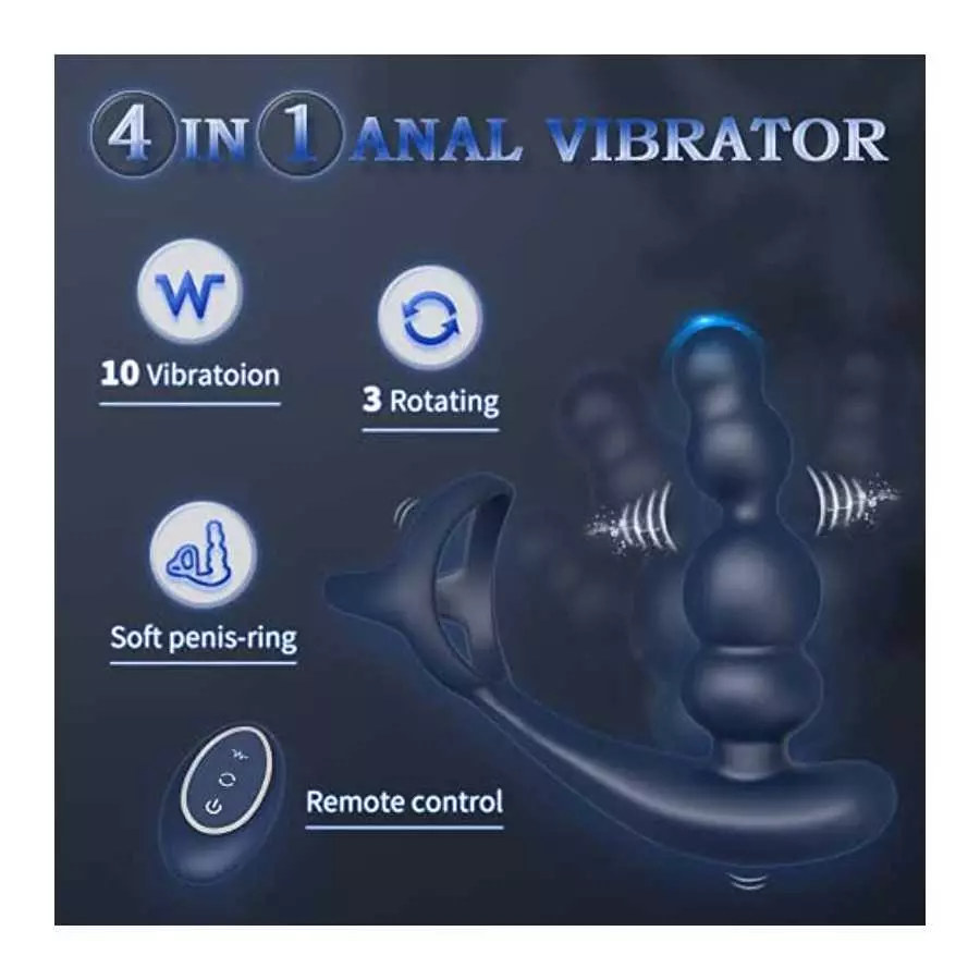 Three 360°Rotating&10 Vibrating Anal Plug,Dual Motor Prostate Massager Anal Vibrator with Soft Cock Ring for Men Women,Wearable 