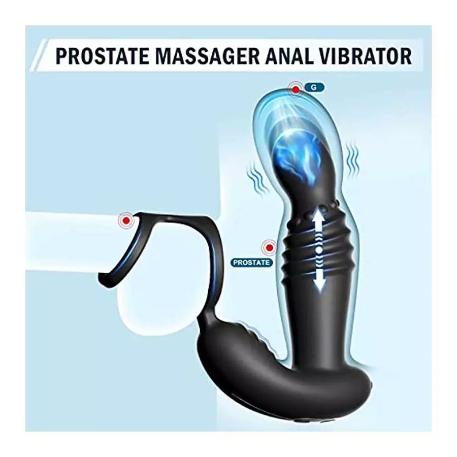 Thrusting Prostate Massager Anal Plug Vibrator Sex Toy with Cock Ring, P Spot Vibrator with 10 Vibrating & 10 Thrusting Modes Ad