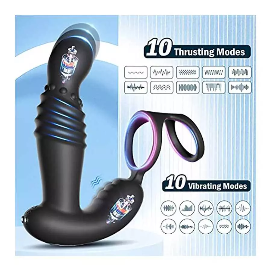 Thrusting Prostate Massager Anal Plug Vibrator Sex Toy with Cock Ring, P Spot Vibrator with 10 Vibrating & 10 Thrusting Modes Ad