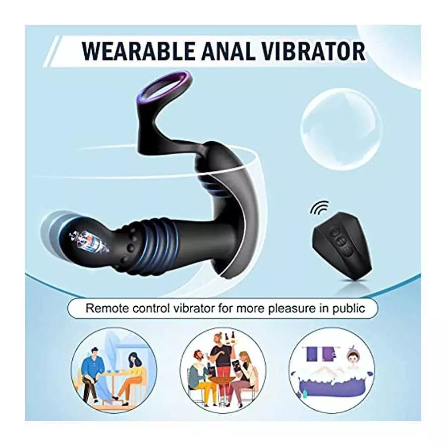 Thrusting Prostate Massager Anal Plug Vibrator Sex Toy with Cock Ring, P Spot Vibrator with 10 Vibrating & 10 Thrusting Modes Ad