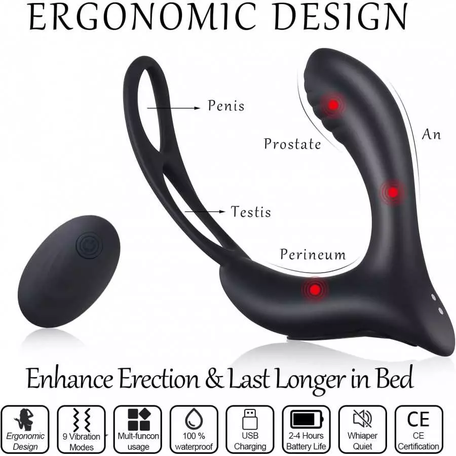 3-in-1 Remote Control Prostate Massager Vibrator with Penis Ring and Ball Loop, 10 Speeds Rechargeable Anal Sex Toy Waterproof G