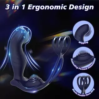 3 in 1 Vibrating Butt Plug Anal Vibrator with Dual Penis Ring, Prostate Massager Silicone Anal Plug with 10 Wiggle & 10 Vibratio