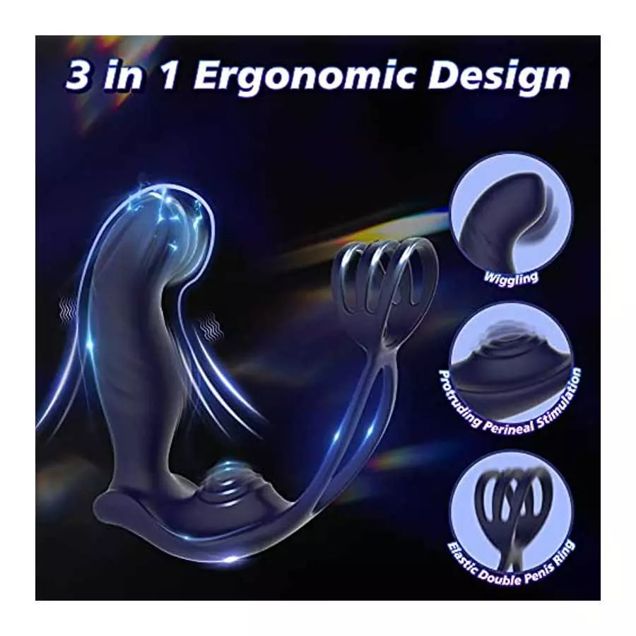 3 in 1 Vibrating Butt Plug Anal Vibrator with Dual Penis Ring, Prostate Massager Silicone Anal Plug with 10 Wiggle & 10 Vibratio