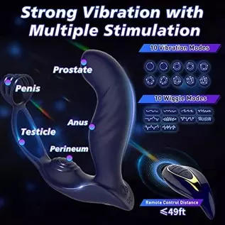 3 in 1 Vibrating Butt Plug Anal Vibrator with Dual Penis Ring, Prostate Massager Silicone Anal Plug with 10 Wiggle & 10 Vibratio