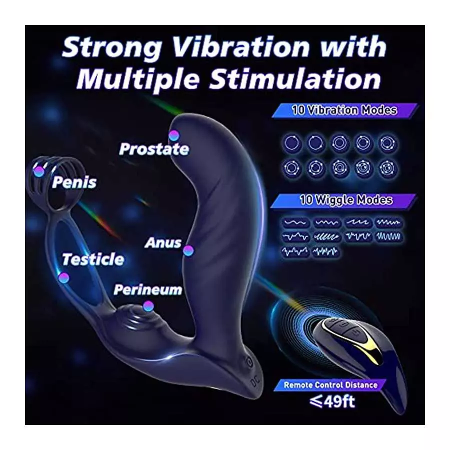 3 in 1 Vibrating Butt Plug Anal Vibrator with Dual Penis Ring, Prostate Massager Silicone Anal Plug with 10 Wiggle & 10 Vibratio