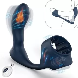 Anal Toy Prostate Massager Vibrator with Penis Ring, 7 Vibration Modes and Heating, Silicone Butt Plug Remote Control,Waterproof